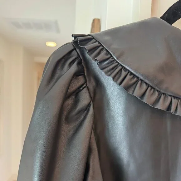 Molly Bracken Premium Faux Leather Puff Sleeve Ruffle Collar Blouse | M - Picture 4 of 7